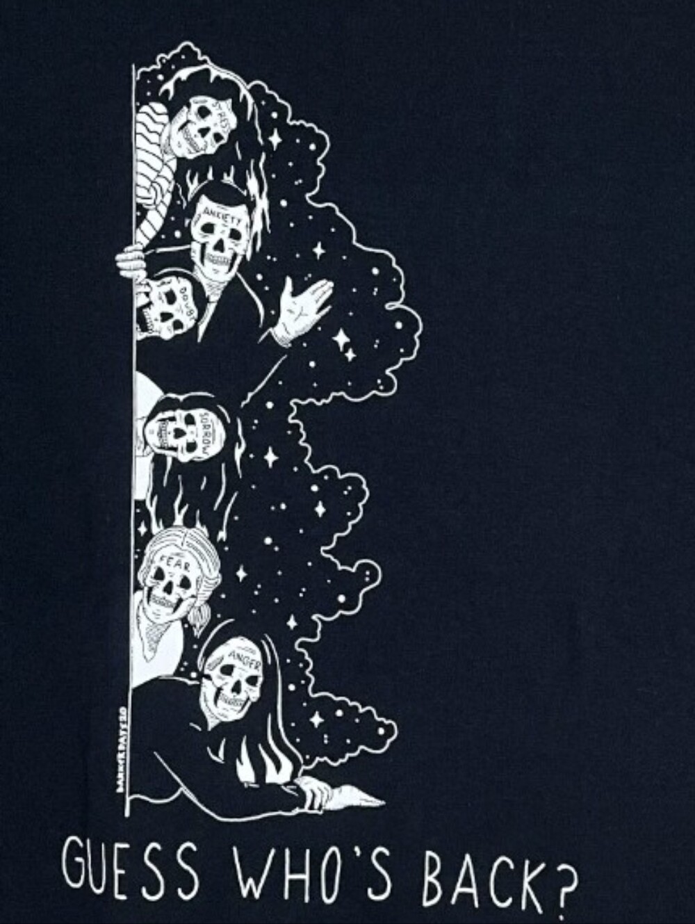 Threadless Darker Days “Guess Who's Back” Anxiety Skeleton Graphic TShirt Size M